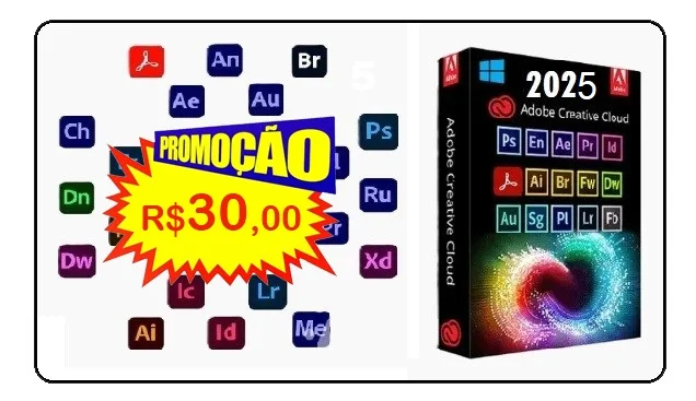 Adobe Master Collection 2025 - Acrobat Pro 64 bits (inglês) After Effects 2025 (Portugues) Animate 2024 (inglês) Audition 2025 (inglês) Bridge 2025 (inglês) Character Animator 2025 (inglês) Dimension (Portugues) Dreamweaver 2021 (inglês) Illustrator 2025 (inglês) InCopy 2025 (inglês) InDesign 2025 (inglês) Lightroom Classic (inglês) Media Encoder 2025 (inglês) Photoshop 2025 (inglês) Premiere Pro 2025 (inglês) Substance 3D Designer (Portugues), 3D Modeler (Portugues), Substance 3D Painter (Portugues), Substance 3D Sampler (Portugues), Substance 3D Stager (Portugues) XD (Portugues)